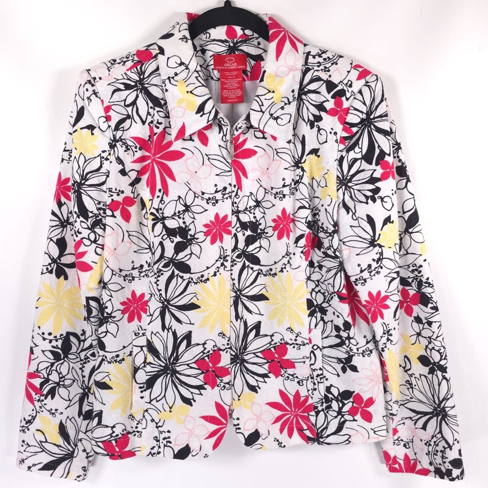 OSCAR DE LA RENTA Full Zip Floral Blazer Jacket Cotton Size 12 White Multicolor - Picture 6 of 13